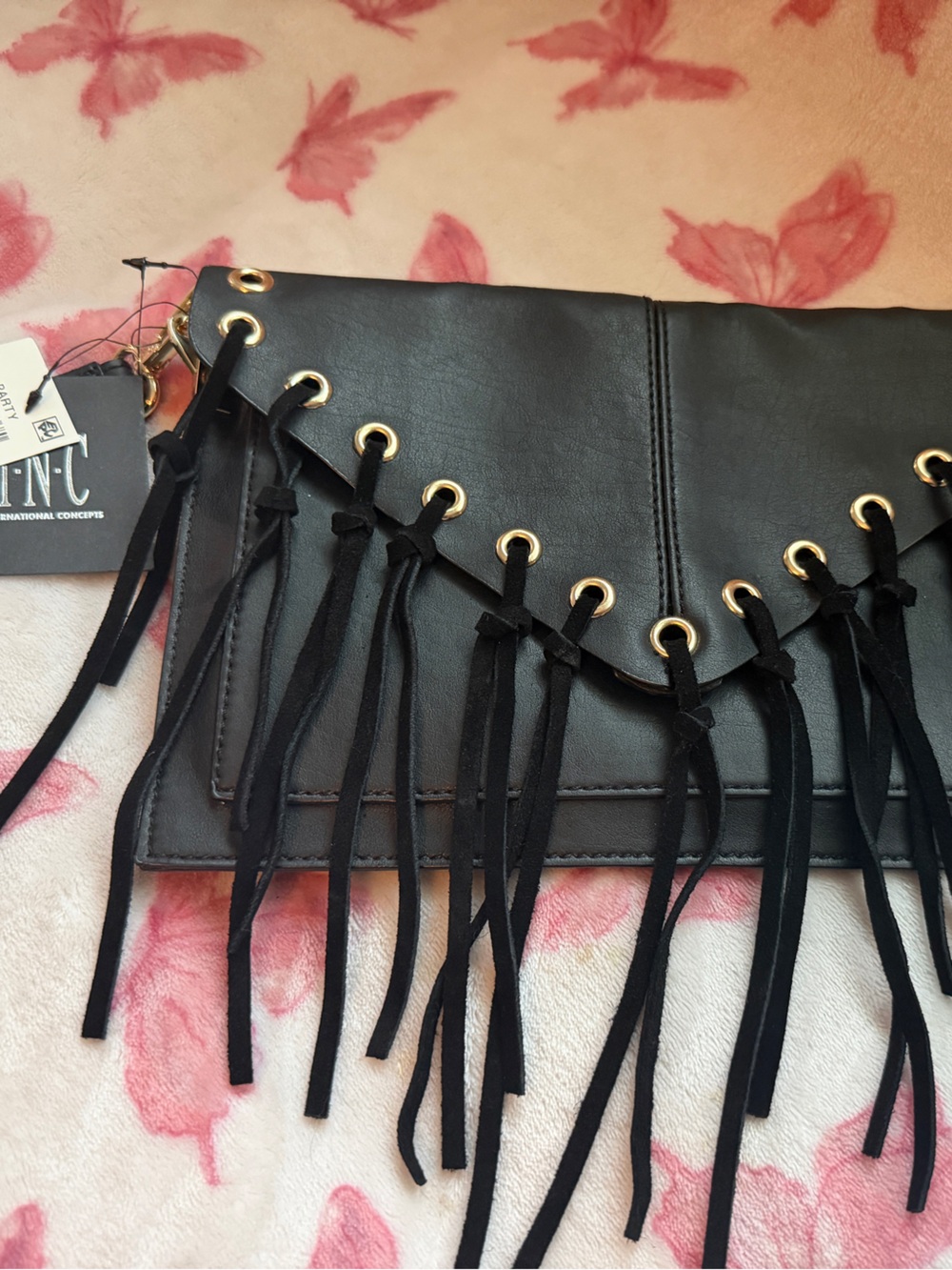 INC International Concepts Black Fringe Clutch with Gold Eyelets
